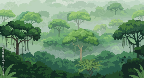 Lush Green Tropical Rainforest Canopy with Dense Foliage and Misty Atmosphere