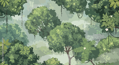 Lush jungle canopy with hanging vines and dense foliage, misty atmosphere