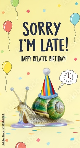 Humorous image displays a snail wearing a colorful party hat and thinking about a clock to apologize for tardiness on a birthday occasion