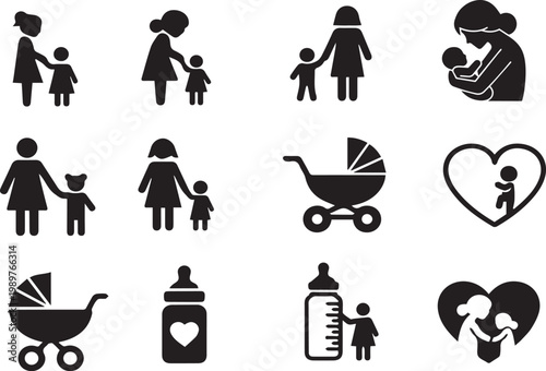 Black silhouettes depict mothers with children baby items and symbols of nurturing and care