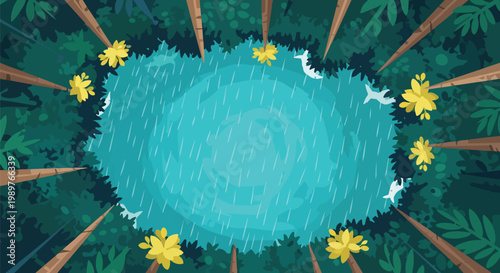 Top-down view of a tranquil forest pond during a gentle rain shower with yellow flowers.
