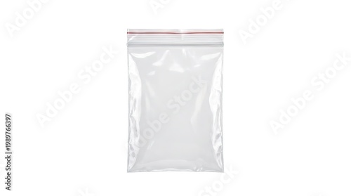Transparent plastic ziplock bag, clear resealable packaging pouch with red zipper seal, product storage and shipping supply isolated PNG with Transparent Background