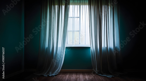 Empty room featuring a green wall and brown wood flooring with sheer curtains and a window letting in light