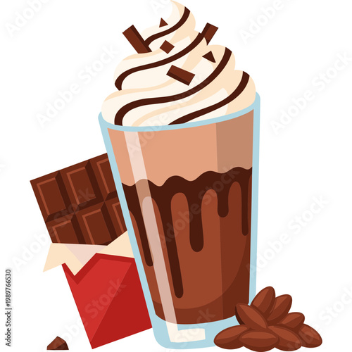 A glass of chocolate milkshake with whipped cream and chocolate pieces