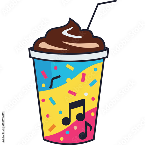 Colorful cup with chocolate ice cream and straw on table indoors