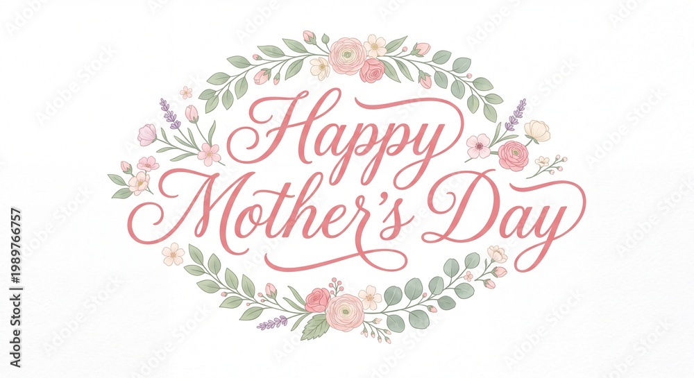 Obraz premium Happy Mother's Day elegant lettering. Features a delicate floral wreath with pastel flowers and green leaves. A charming vector illustration for greeting cards and celebration.