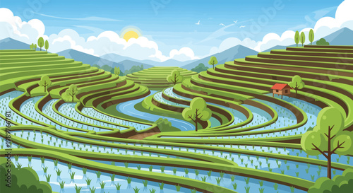 Lush Green Terraced Rice Fields with Water and Mountains in Asia