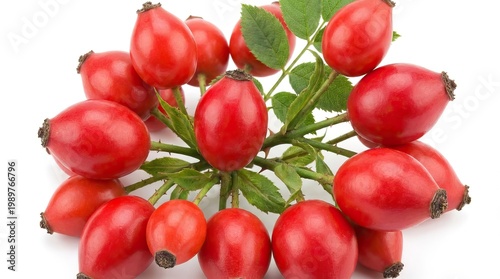 Vibrant red rosehips cluster, fresh wild rose fruit with green leaves, botanical harvest ingredient for tea and jam isolated PNG with Transparent Background