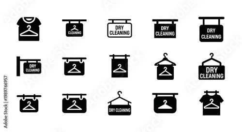 Dry Cleaning Icons: Hangers, T-shirts, and Signs for Laundry Services