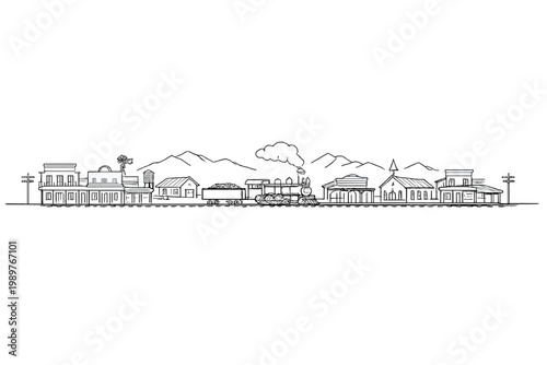 Steam locomotive arriving at small frontier town with mountains