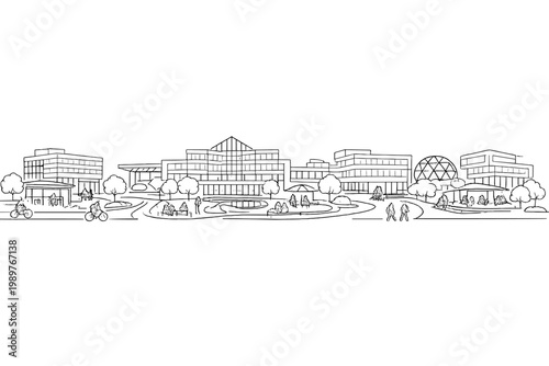 Community plaza with people and modern campus buildings