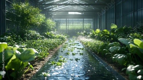 A modern greenhouse with rows of lush green plants growing along a central water channel under bright natural light from large glass panels creating an efficient hydroponic farming environment.