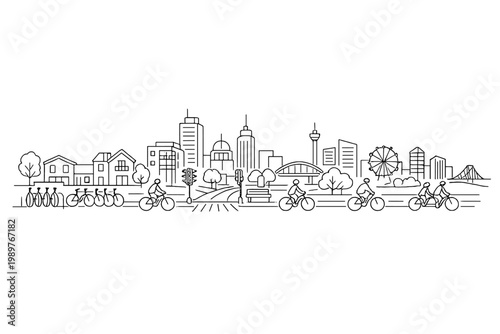 Cyclists commuting along city street with skyline and houses