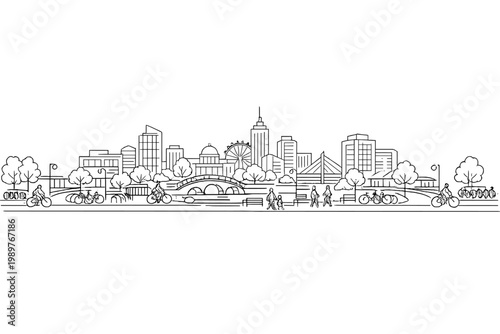 Urban park promenade with cyclists and city skyline