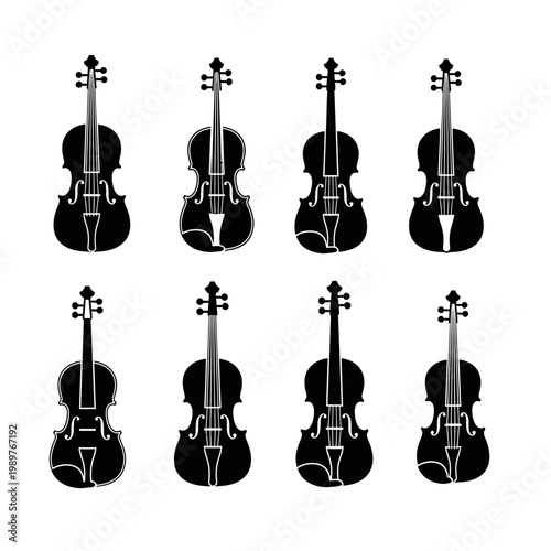 Set of Eight Black Silhouette Violins Isolated on White Background