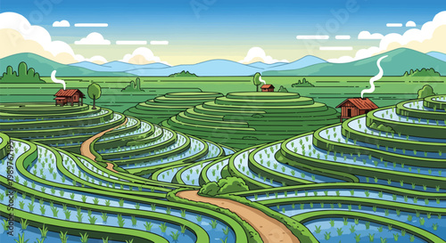 Lush Rice Terraces Landscape with Houses and Mountains in Background