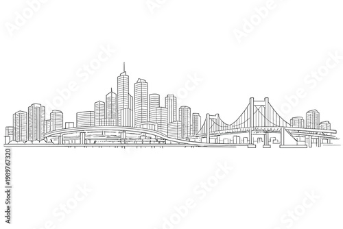 City skyline with curved elevated highway and suspension bridge