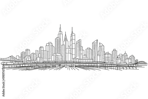 Dense city skyline with cluster of towers and elevated roadway
