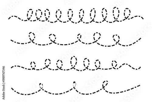 Four black dashed abstract wavy and curly line dividers on white background