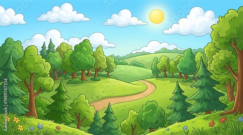 Cartoon Summer Landscape with Green Rolling Hills and Winding Path Through Sunny Forest for Children Book Illustration Background