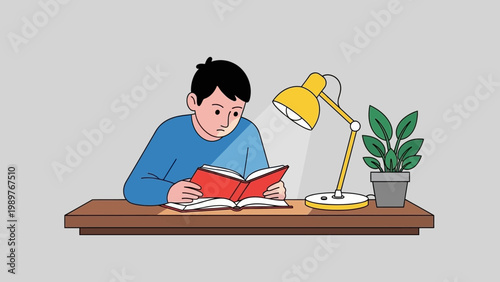 Young Boy Reading Book Under Desk Lamp, Studying at Night