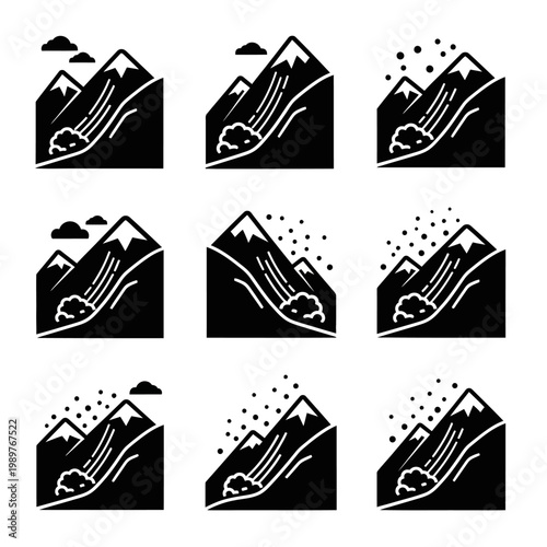 Avalanche Icons Set: Snow Slide, Mountain Danger, Natural Disaster, Winter Risk