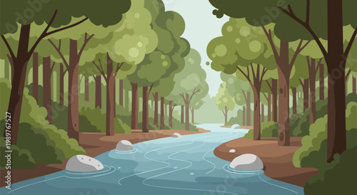 Idyllic Forest Stream with Lush Green Trees and Rocks in Nature