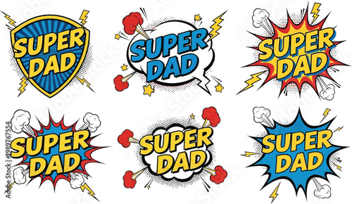 Dynamic 'super dad' vector graphics comic book style explosions speech bubbles and heroic designs for father's day