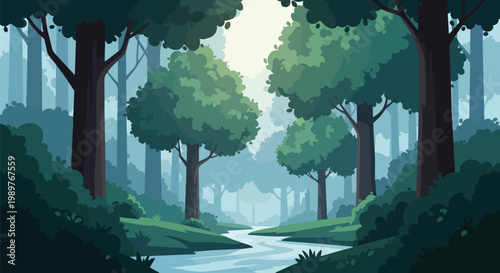 Mystical Forest Stream with Sunlight and Lush Greenery