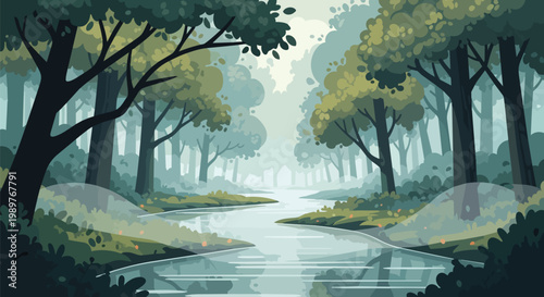 Misty Forest Stream Landscape, Lush Green Trees, Serene Nature Scene