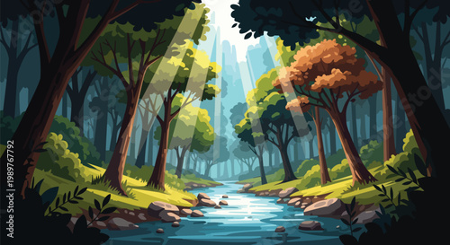Sunbeams illuminate a serene forest stream with lush greenery and colorful trees.