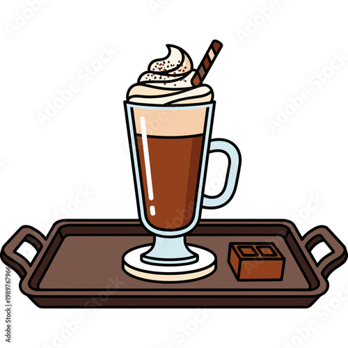 A glass of hot chocolate with whipped cream and a straw on a tray
