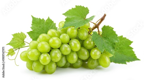 Fresh green grapes cluster with vine leaves, juicy fruit close-up, organic produce ingredient for healthy eating isolated PNG with Transparent Background