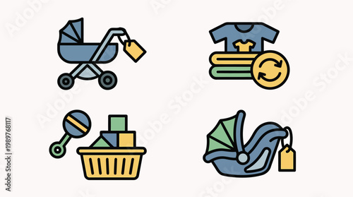 Baby travel gear icons featuring stroller storage basket and infant car seat carrier