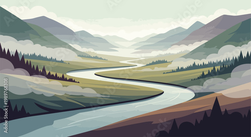 Serene Mountain Valley with Winding River and Misty Fog