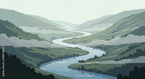 Pixel Art River Valley Landscape with Misty Mountains and Green Hills