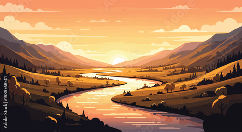 Pixel Art Valley Landscape at Sunset with Winding River and Mountains