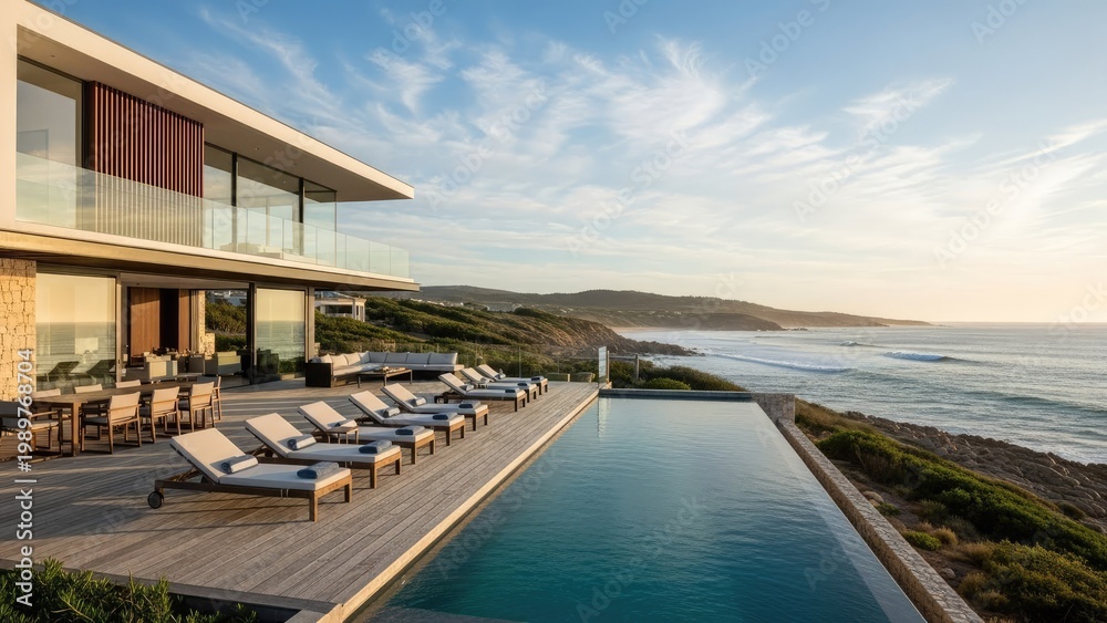 Fototapeta premium A luxurious modern house with a large infinity pool overlooking the ocean