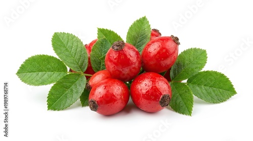 Fresh red rose hips with green leaves, ripe dog rose berries, natural herbal ingredient for tea and vitamin C isolated PNG with Transparent Background