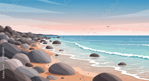 Serene Beach Scenery with Rocky Shoreline and Gentle Waves at Sunrise