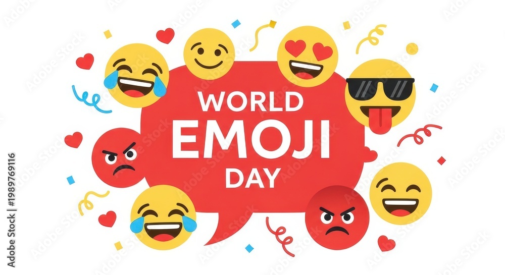 Naklejka premium World emoji day celebration banner with various funny emoticons and confetti isolated on white background