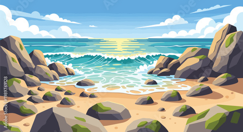 Sunny Beach Landscape with Rocky Shoreline and Ocean Waves