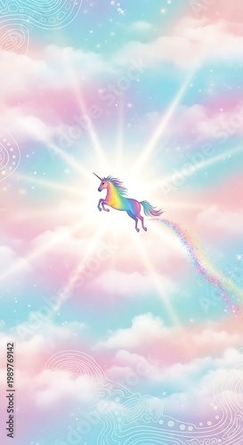 Mythical creature with vibrant mane gallops through ethereal pastel clouds leaving a shimmering trail