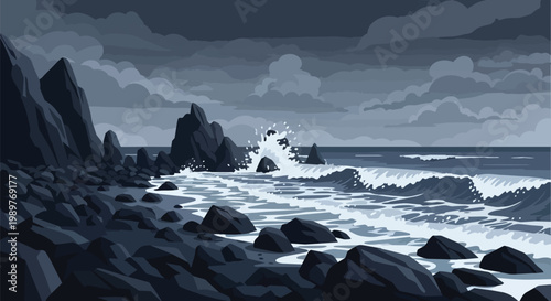 Pixel Art Seascape: Crashing Waves on Rocky Shoreline, Moody Atmosphere