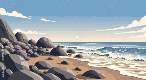 Pixel Art Beach Scene: Ocean Waves Crashing on Rocky Shoreline