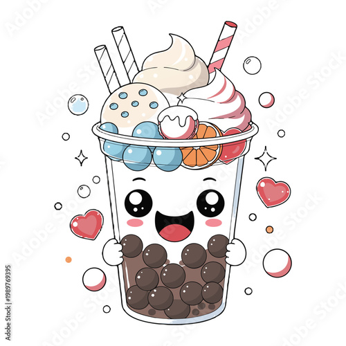 Cute Kawaii Bubble Tea Dessert Character Illustration