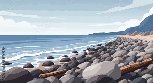 Pixel Art Beach Landscape with Ocean Waves, Pebbles, and Driftwood