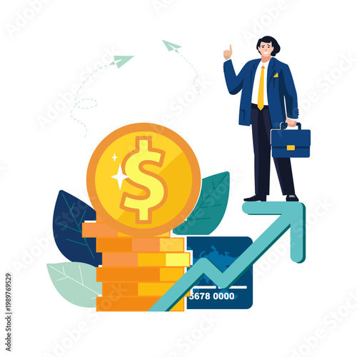 Businessman on green arrow up, analyzes growth of finances golden dollar cent, penny accumulation of funds on card for payment. Work hard, money profit, investment income, people Vector illustration