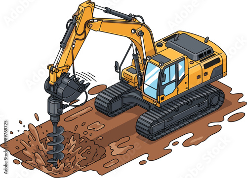 Heavy Crawler Excavator with Auger Drill Attachment Digging Deep Foundation Hole in Muddy Ground for Industrial Construction Site Building and Urban Infrastructure Project Vector