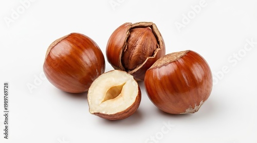 Hazelnuts and cracked shell, whole brown nuts with kernel, healthy snack ingredient for baking and cooking isolated PNG with Transparent Background